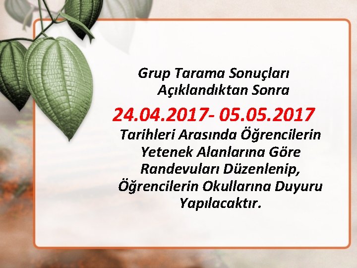 Grup Tarama Sonuçları Açıklandıktan Sonra 24. 04. 2017 - 05. 2017 Tarihleri Arasında Öğrencilerin