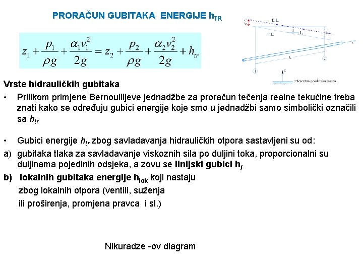 PRORAČUN GUBITAKA ENERGIJE h. TR Vrste hidrauličkih gubitaka • Prilikom primjene Bernoullijeve jednadžbe za