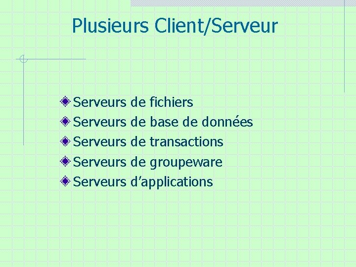 Plusieurs Client/Serveurs de fichiers Serveurs de base de données Serveurs de transactions Serveurs de Plusieurs Client/Serveurs de fichiers Serveurs de base de données Serveurs de transactions Serveurs de