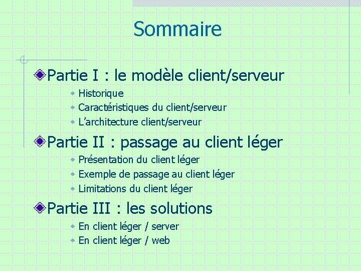 Sommaire Partie I : le modèle client/serveur w Historique w Caractéristiques du client/serveur w Sommaire Partie I : le modèle client/serveur w Historique w Caractéristiques du client/serveur w