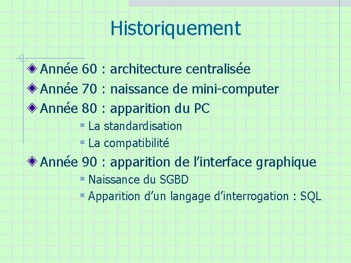 Historiquement Année 60 : architecture centralisée Année 70 : naissance de mini-computer Année 80 Historiquement Année 60 : architecture centralisée Année 70 : naissance de mini-computer Année 80