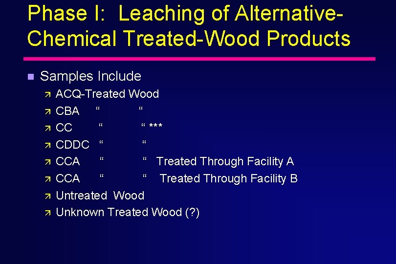Phase I: Leaching of Alternative. Chemical Treated-Wood Products n Samples Include ä ä ä