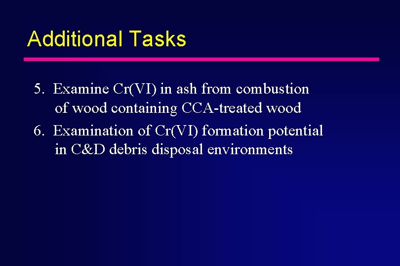 Additional Tasks 5. Examine Cr(VI) in ash from combustion of wood containing CCA-treated wood