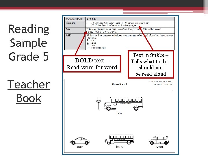 Reading Sample Grade 5 Teacher Book BOLD text – Read word for word Text