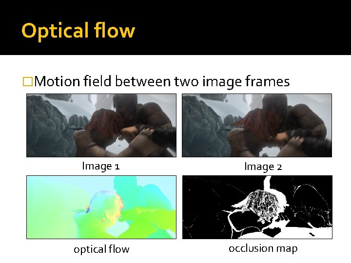 Optical flow �Motion field between two image frames Image 1 Image 2 optical flow Optical flow �Motion field between two image frames Image 1 Image 2 optical flow