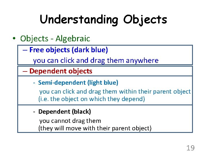 Understanding Objects • Objects - Algebraic – Free objects (dark blue) you can click
