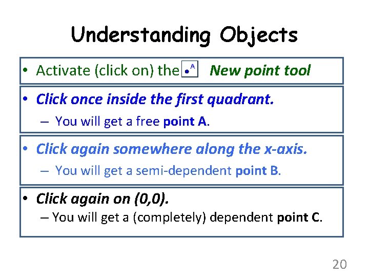 Understanding Objects • Activate (click on) the New point tool • Click once inside