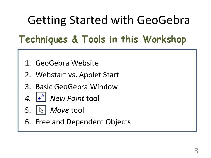 Getting Started with Geo. Gebra Techniques & Tools in this Workshop 1. 2. 3.