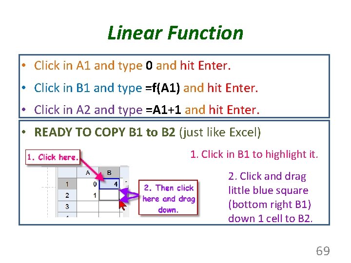Linear Function • Click in A 1 and type 0 and hit Enter. •