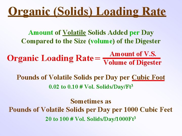 Organic (Solids) Loading Rate Amount of Volatile Solids Added per Day Compared to the