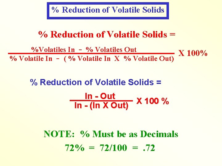 % Reduction of Volatile Solids = %Volatiles In - % Volatiles Out X 100%