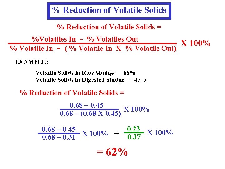 % Reduction of Volatile Solids = %Volatiles In - % Volatiles Out X 100%