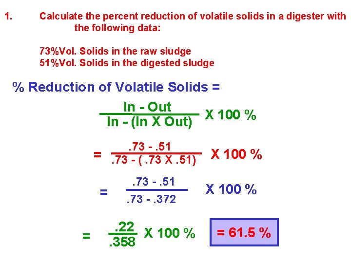 1. Calculate the percent reduction of volatile solids in a digester with the following