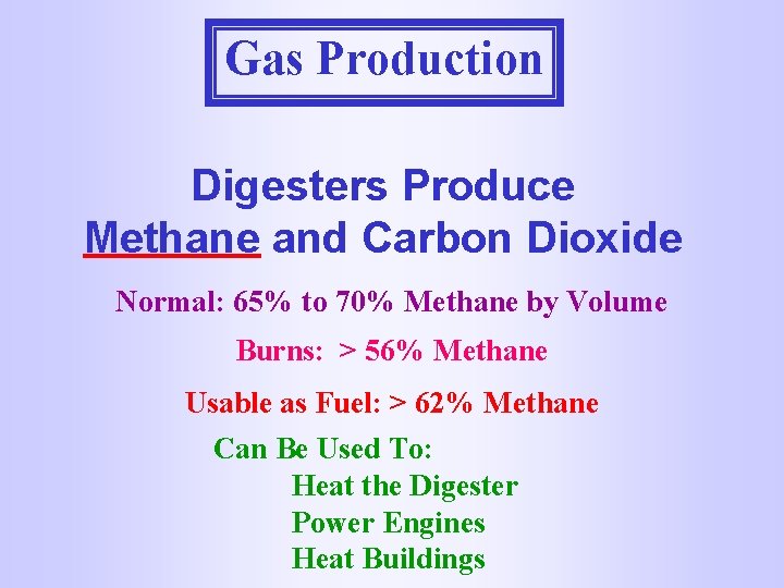 Gas Production Digesters Produce Methane and Carbon Dioxide Normal: 65% to 70% Methane by