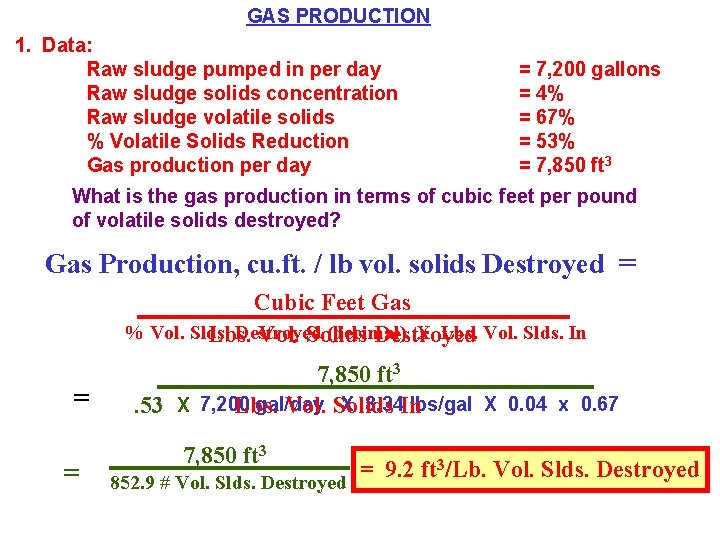 GAS PRODUCTION 1. Data: Raw sludge pumped in per day Raw sludge solids concentration