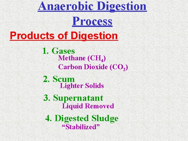 Anaerobic Digestion Process Products of Digestion 1. Gases Methane (CH 4) Carbon Dioxide (CO