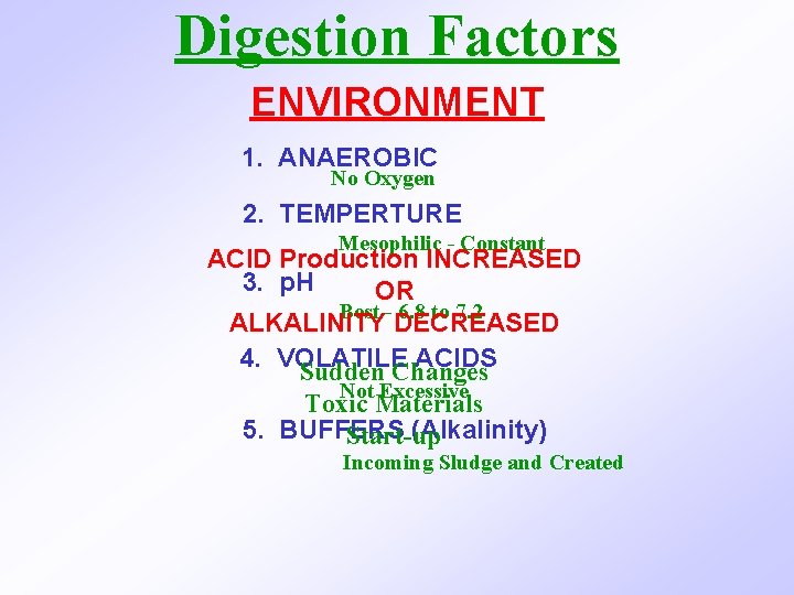 Digestion Factors ENVIRONMENT 1. ANAEROBIC No Oxygen 2. TEMPERTURE Mesophilic - Constant ACID Production