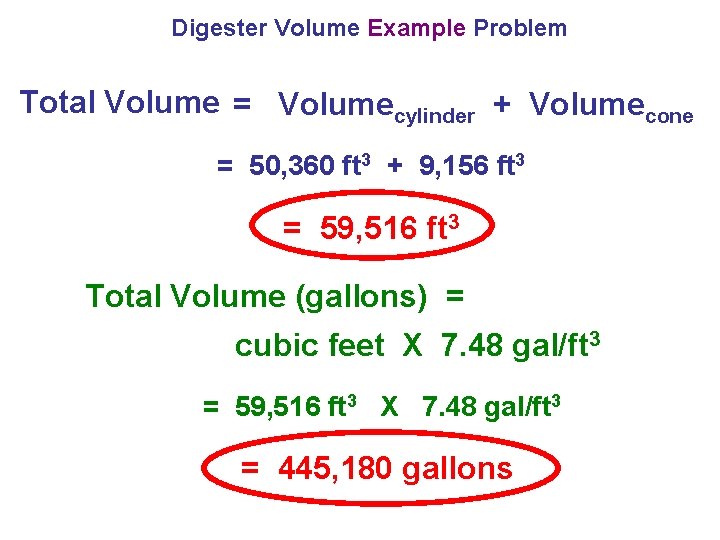 Digester Volume Example Problem Total Volume = Volumecylinder + Volumecone = 50, 360 ft