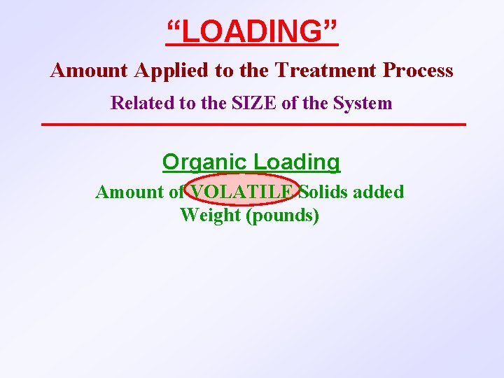 “LOADING” Amount Applied to the Treatment Process Related to the SIZE of the System