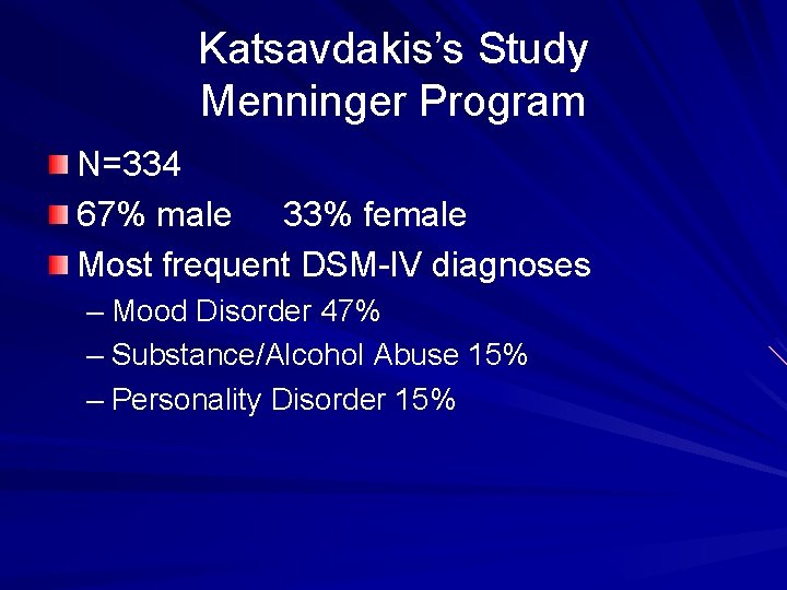 Katsavdakis’s Study Menninger Program N=334 67% male 33% female Most frequent DSM-IV diagnoses –