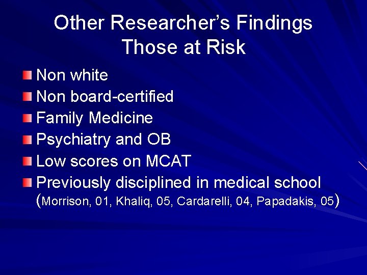 Other Researcher’s Findings Those at Risk Non white Non board-certified Family Medicine Psychiatry and