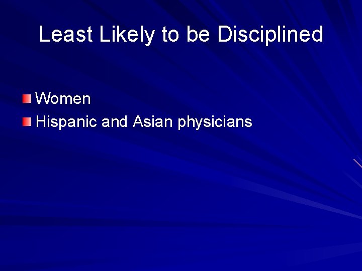 Least Likely to be Disciplined Women Hispanic and Asian physicians 