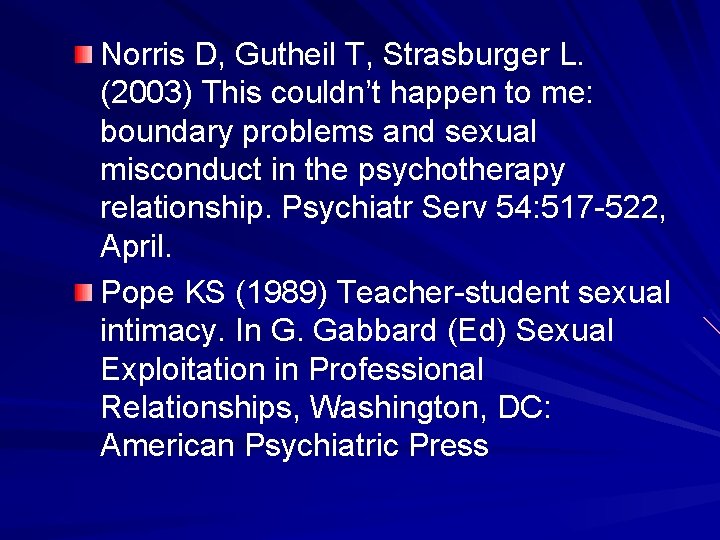 Norris D, Gutheil T, Strasburger L. (2003) This couldn’t happen to me: boundary problems