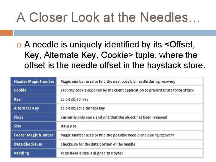 A Closer Look at the Needles… A needle is uniquely identified by its <Offset,