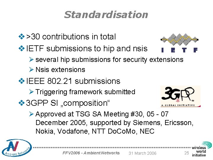 Standardisation v >30 contributions in total v IETF submissions to hip and nsis Ø