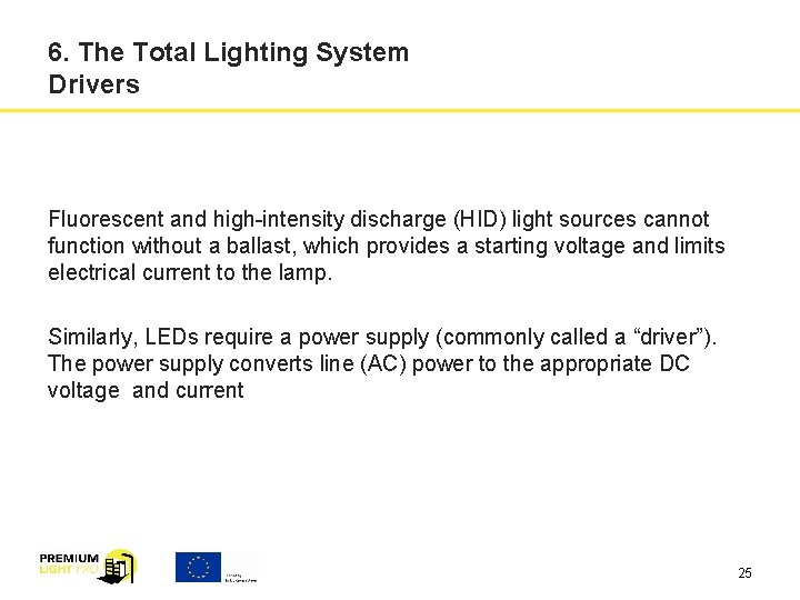 6. The Total Lighting System Drivers Fluorescent and high-intensity discharge (HID) light sources cannot