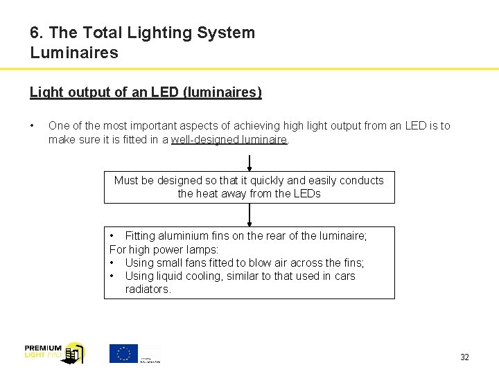 6. The Total Lighting System Luminaires Light output of an LED (luminaires) • One