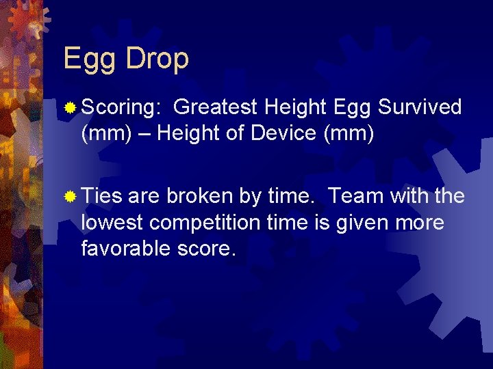 Egg Drop ® Scoring: Greatest Height Egg Survived (mm) – Height of Device (mm)