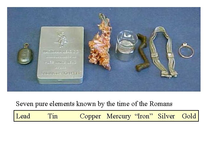 Seven pure elements known by the time of the Romans Lead Tin Copper Mercury