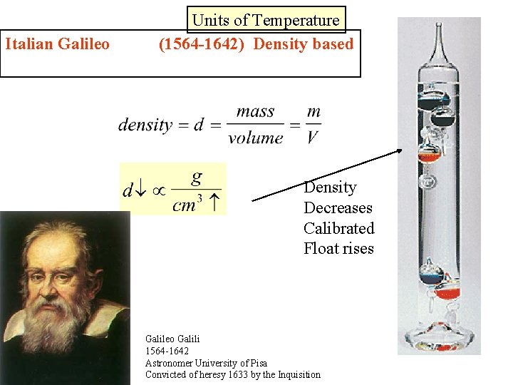 Italian Galileo Units of Temperature (1564 -1642) Density based Density Decreases Calibrated Float rises