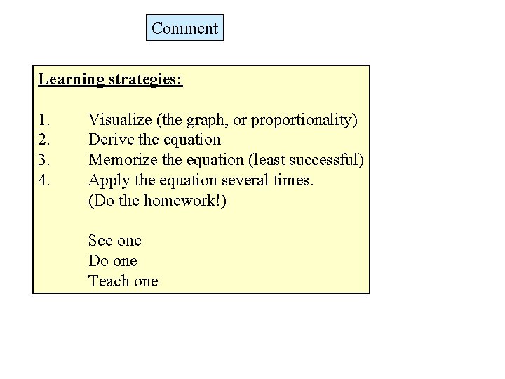 Comment Learning strategies: 1. 2. 3. 4. Visualize (the graph, or proportionality) Derive the