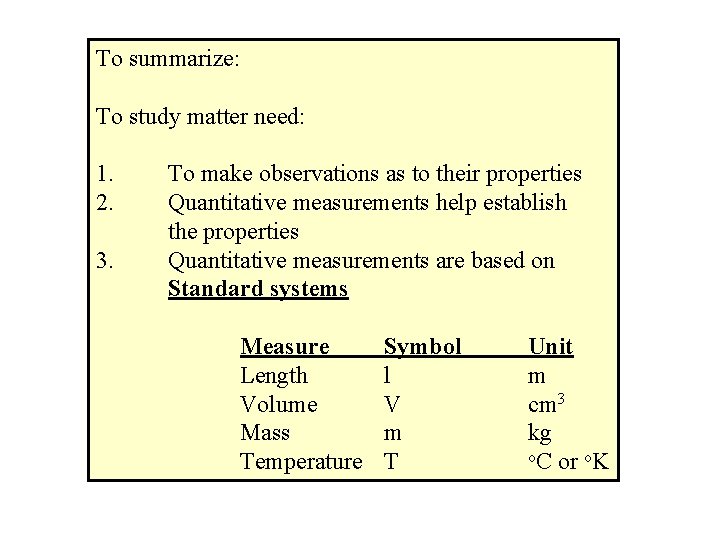 To summarize: To study matter need: 1. 2. 3. To make observations as to