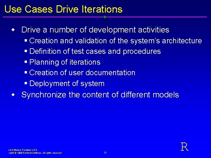 Use Cases Drive Iterations w Drive a number of development activities § Creation and