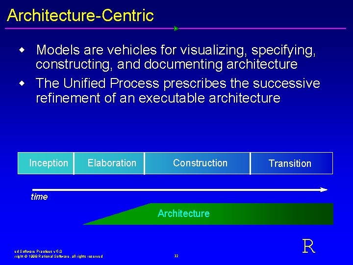 Architecture-Centric w Models are vehicles for visualizing, specifying, constructing, and documenting architecture w The