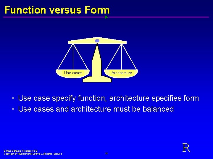 Function versus Form Use cases Architecture • Use case specify function; architecture specifies form