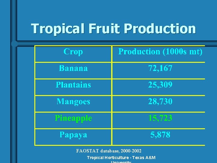 Tropical Fruit Production FAOSTAT database, 2000 -2002 Tropical Horticulture - Texas A&M 