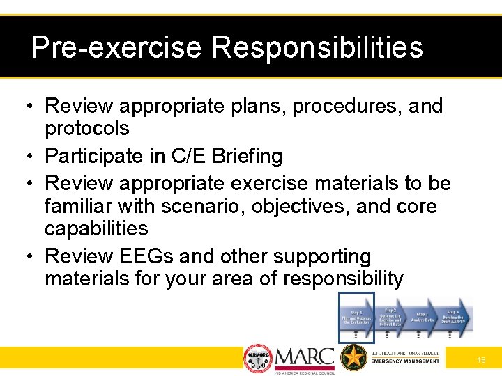 Pre-exercise Responsibilities • Review appropriate plans, procedures, and protocols • Participate in C/E Briefing
