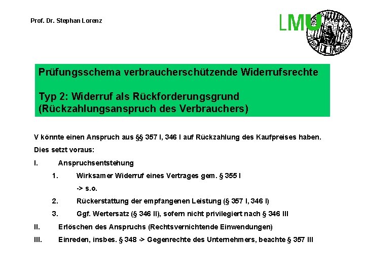 Prof. Dr. Stephan Lorenz Prüfungsschema verbraucherschützende Widerrufsrechte Typ 2: Widerruf als Rückforderungsgrund (Rückzahlungsanspruch des