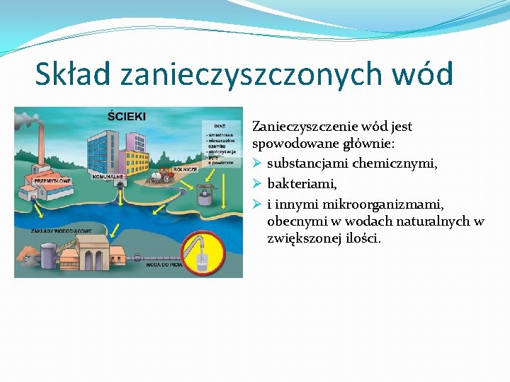 Skład zanieczyszczonych wód Zanieczyszczenie wód jest spowodowane głównie: Ø substancjami chemicznymi, Ø bakteriami, Ø