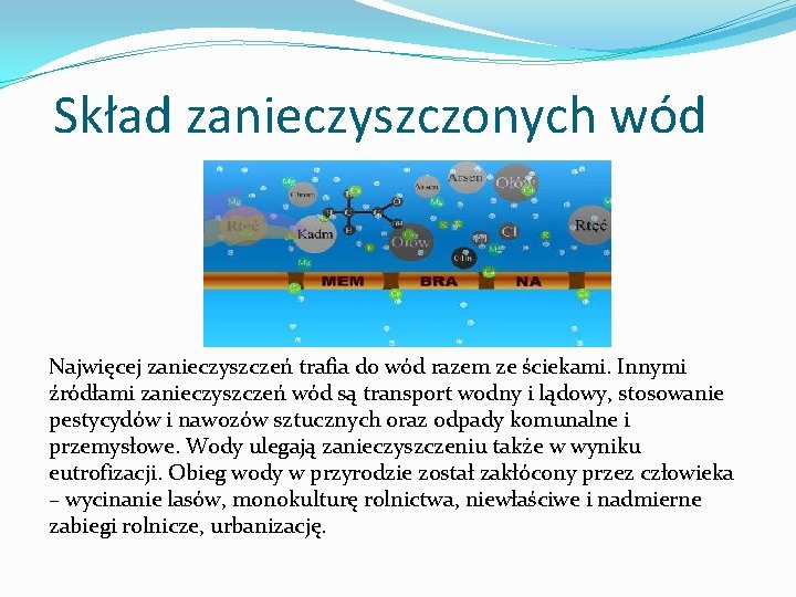 Skład zanieczyszczonych wód Najwięcej zanieczyszczeń trafia do wód razem ze ściekami. Innymi źródłami zanieczyszczeń