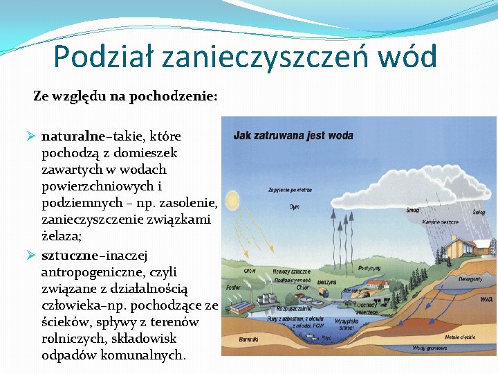 Podział zanieczyszczeń wód Ze względu na pochodzenie: Ø naturalne–takie, które pochodzą z domieszek zawartych