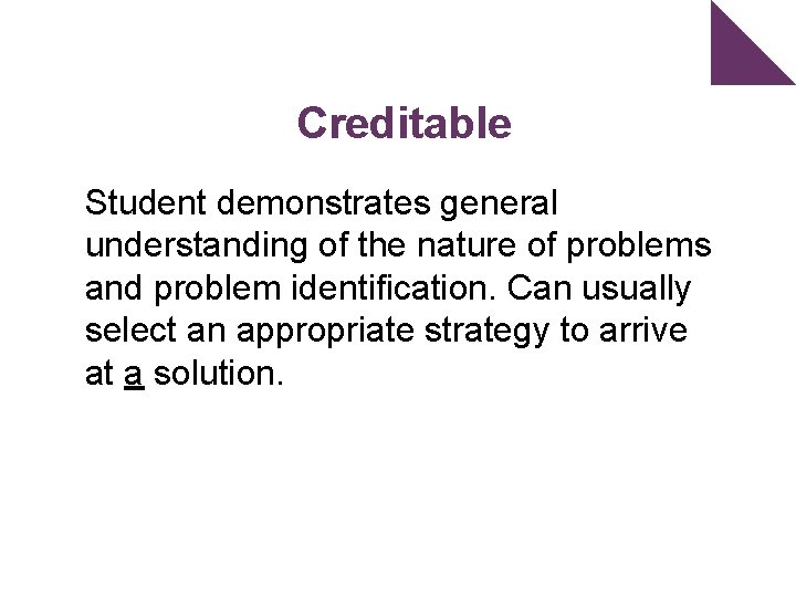 Creditable Student demonstrates general understanding of the nature of problems and problem identification. Can