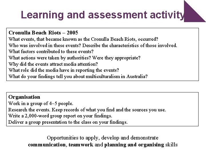 Learning and assessment activity Cronulla Beach Riots – 2005 What events, that became known