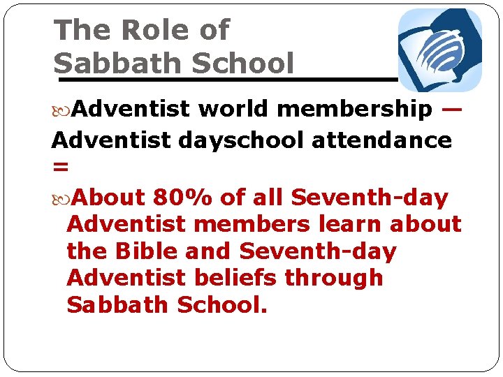 The Role of Sabbath School Adventist world membership — Adventist dayschool attendance = About