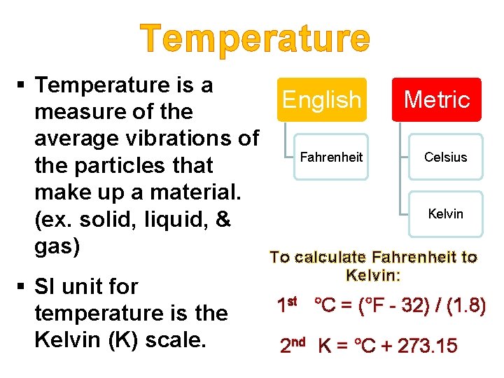 Temperature § Temperature is a English Metric measure of the average vibrations of Fahrenheit