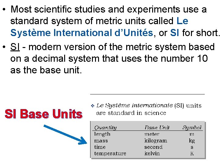  • Most scientific studies and experiments use a standard system of metric units